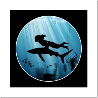 Shark Diver Girl Posters and Art